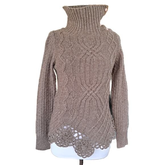 Anthropologie Moth Brown Turtleneck Cowl Wool Sweater Small Crochet Boho - Picture 3 of 11